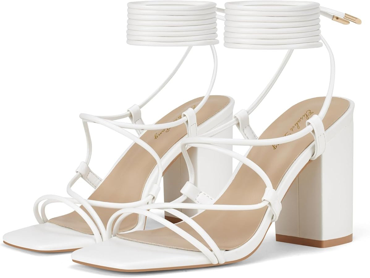 Elisabet Tang Square Toe Strappy Chunky Heels Sandals, 3 inch Women's Lace Up Low Block Heels Ank... | Amazon (US)
