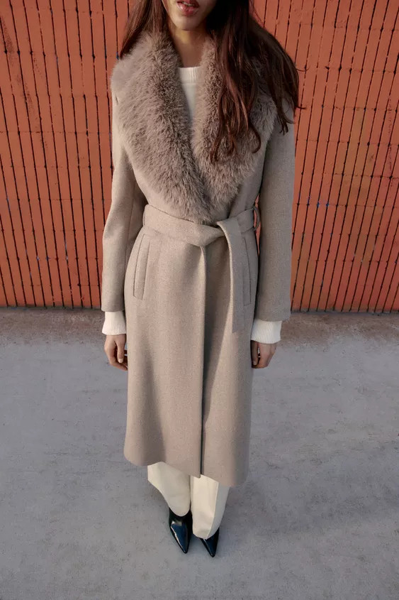 WOOL COAT WITH FAUX FUR LAPEL AND BELT | Zara US