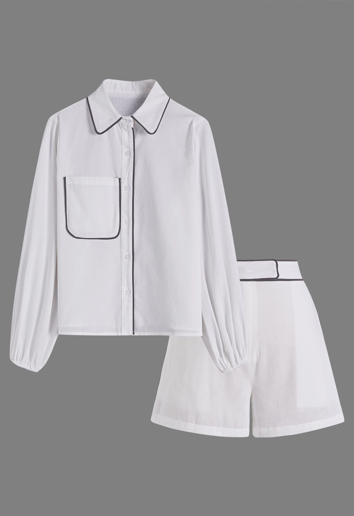 Contrast Binding Puff Sleeve Cotton Shirt and Shorts Set for Daytime Adventures & City Strolls | Chicwish