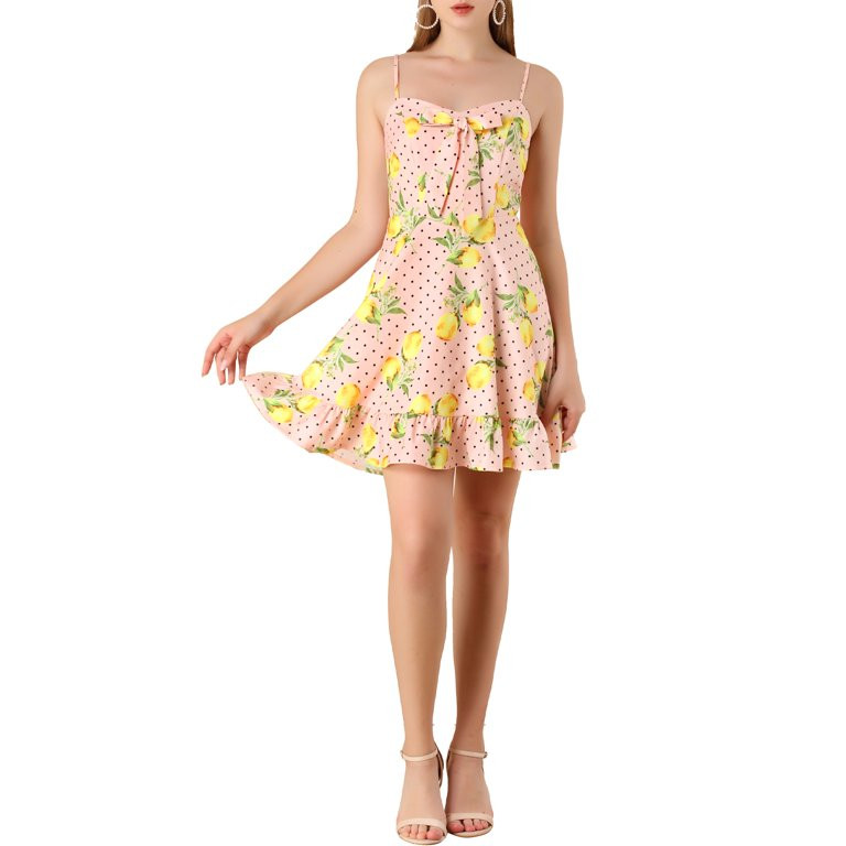 Allegra K Women's Spaghetti Strap Bowknot Lemon Dotted Dresses - Walmart.com | Walmart (US)