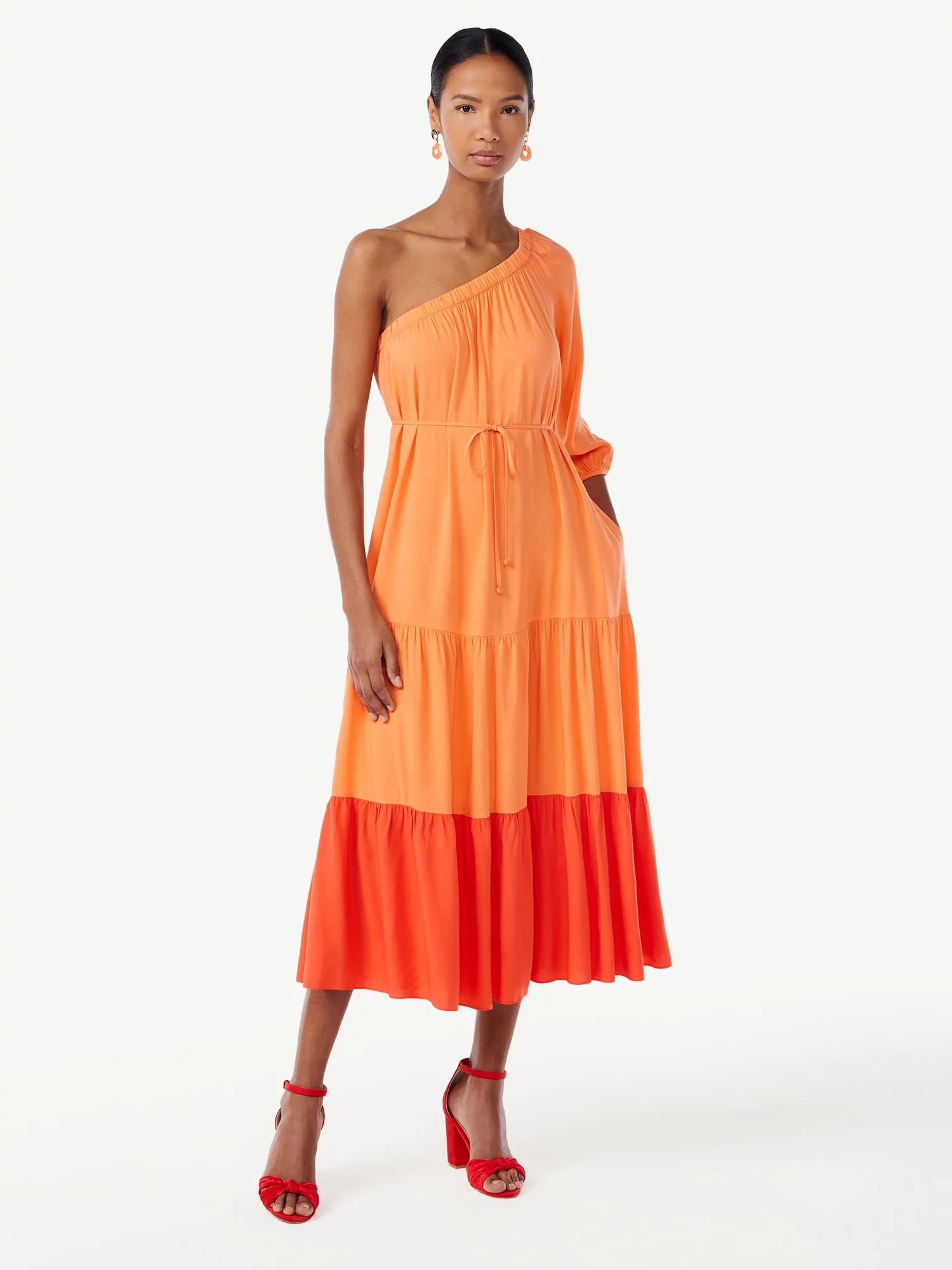 Scoop Women's One Shoulder Color Block Maxi Dress with Tie Front | Walmart (US)