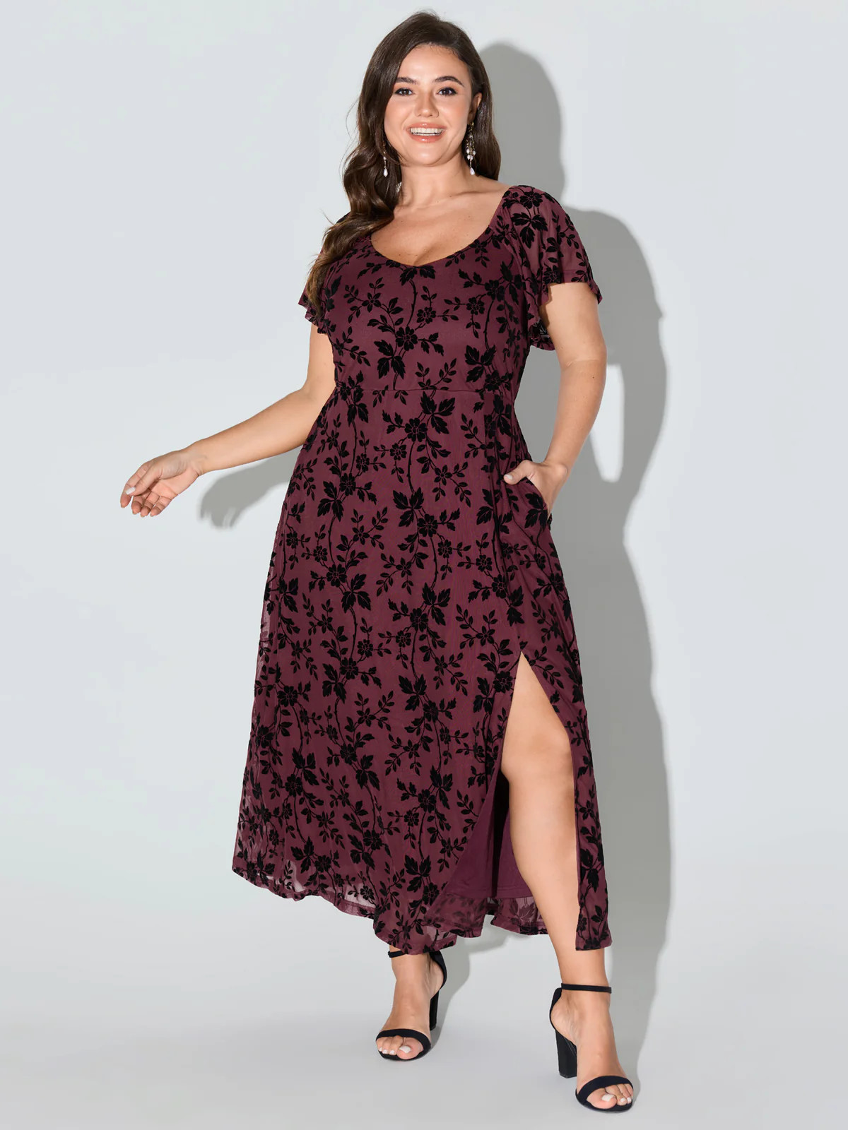 Floral Textured Jacquard Slit Hem Maxi Dress | Bloomchic