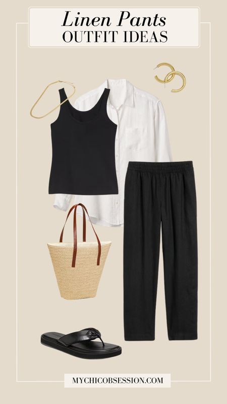 Style linen pants for summer with a monochromatic base underneath a white button-down shirt. Accessorize with a woven tote from Old Navy, a herringbone necklace, gold hoops, and leather sandals.

#LTKSeasonal #LTKStyleTip