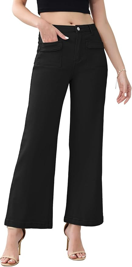Genleck Wide Leg Jeans for Women Trendy High Waisted Boyfriend Stretchy Straight Cropped Pants wi... | Amazon (US)