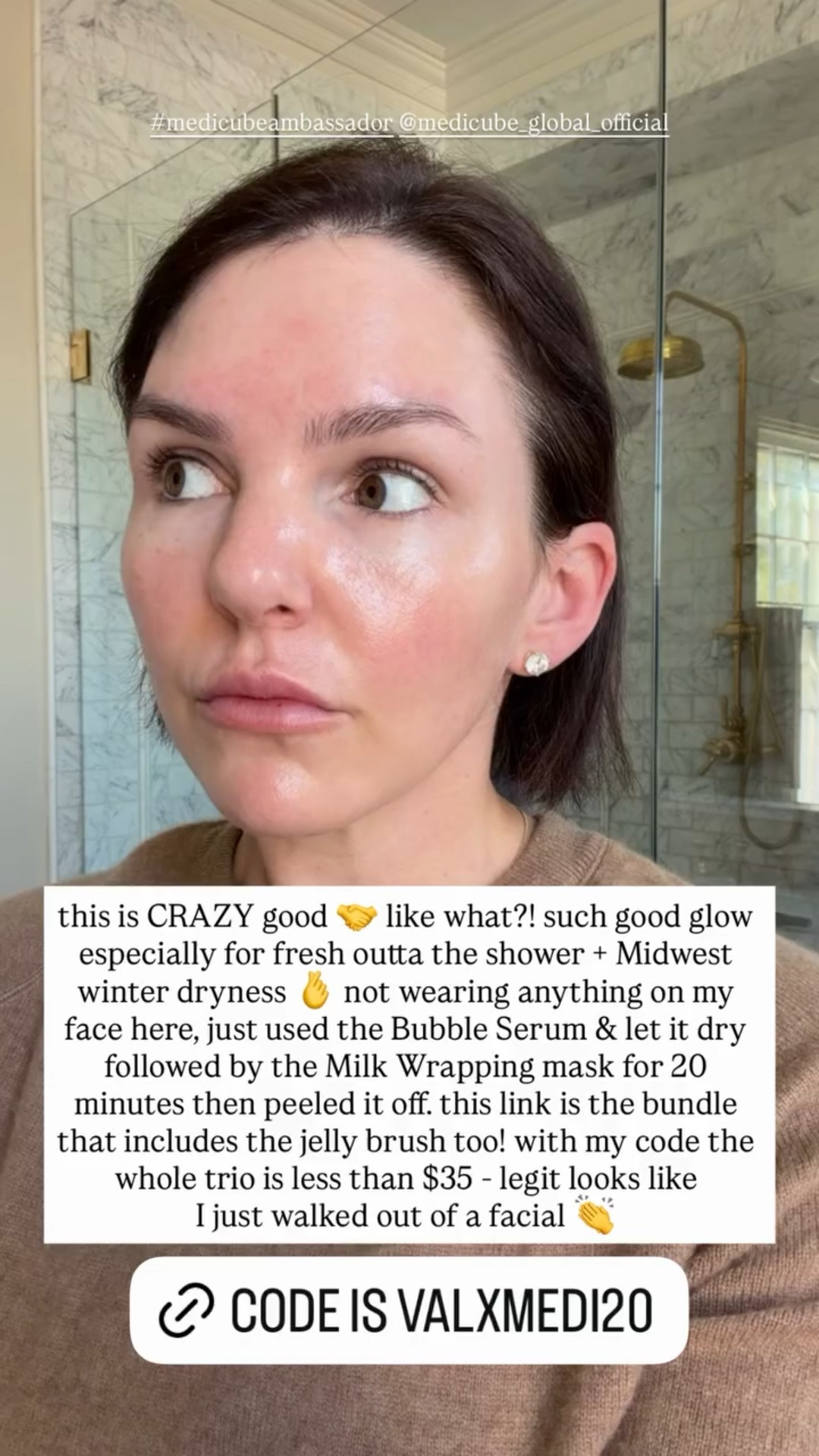 #medicubeambassador @medicube_global_official  this is CRAZY good 🤝 like what?! such good glow especially for fresh outta the shower + Midwest winter dryness 🫰 not wearing anything on my face here, just used the Bubble Serum & let it dry followed by the Milk Wrapping mask for 20 minutes then peeled it off. this link is the bundle that includes the jelly brush too! with my code the whole trio is less than $35 - legit looks like 
I just walked out of a facial 👏

#LTKBeauty #LTKSaleAlert #LTKgrwm