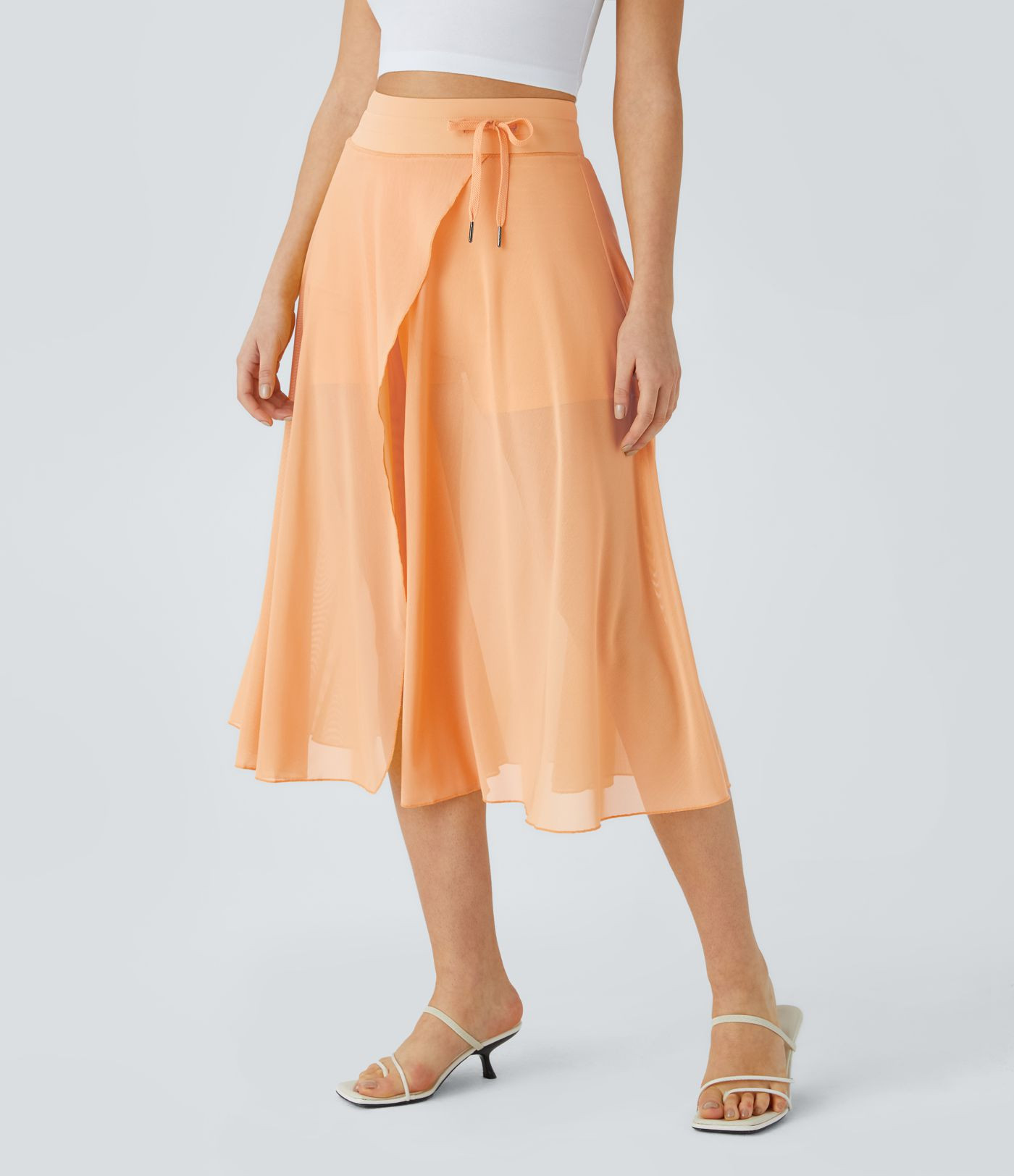 Women\u2019s High Waisted Drawstring Contrast Mesh 2-in-1 Pocket Flowy Midi Flare Casual Skirt - ... | HALARA