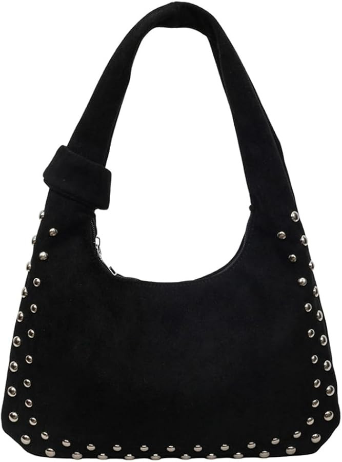 Suede Purse Studded Hobo Shoulder Bag for Women Crescent Bags Fashion Underarm Bag with Silver Ri... | Amazon (US)