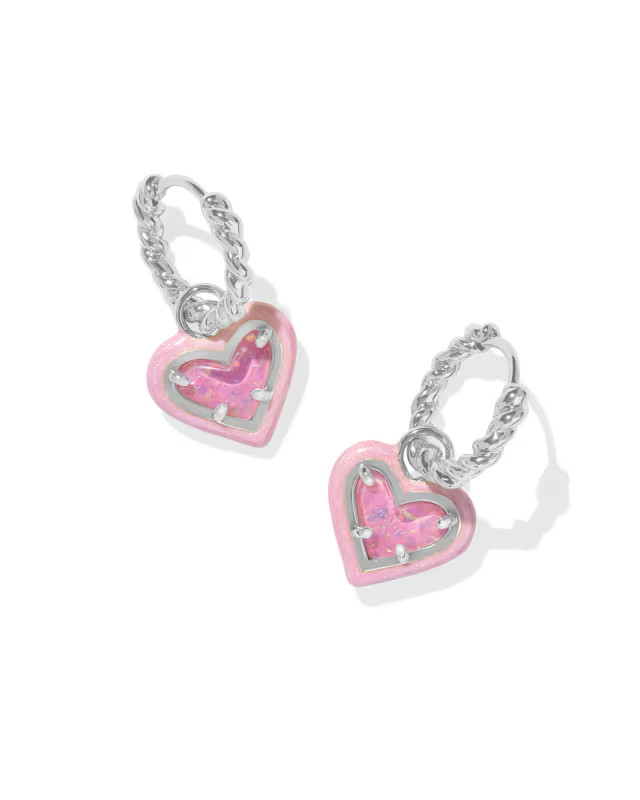 Ari Heart Silver Enamel Frame Huggie Earrings in Pink Iridescent Glitter Glass | Kendra Scott | Kendra Scott