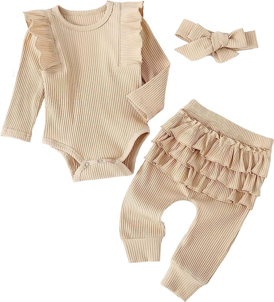 Baby Girl's 3pc Rib Frill Long Sleeve Romper and Pant Set | Amazon (US)