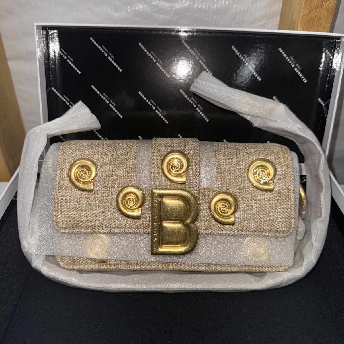 Brandon Blackwood Medium Nia Linen Shell Bag Brass Gold Hardware | eBay US