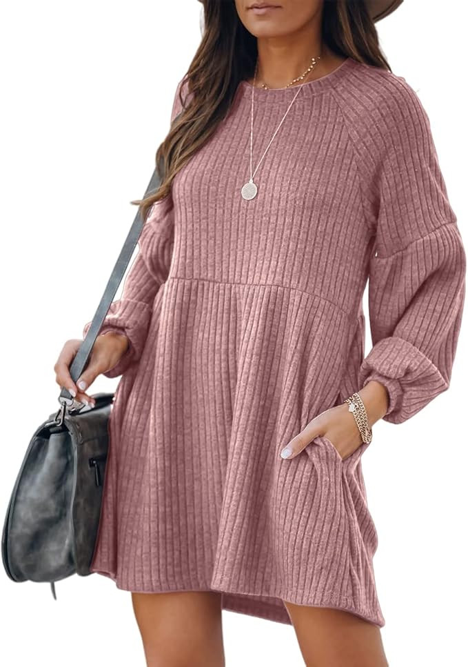 SHERRYRISE Woman's Long Sleeve Crew Neck Ribbed Knit High Waist Sweater Dress with Pockets | Amazon (US)