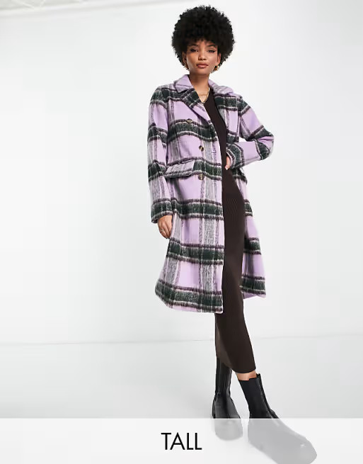 QED London Tall double breasted longline coat in lilac check | ASOS (Global)