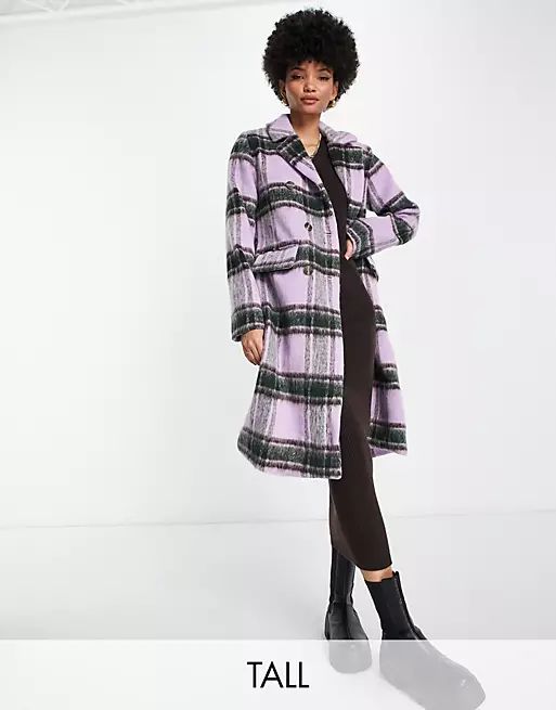 QED London Tall double breasted longline coat in lilac check | ASOS (Global)