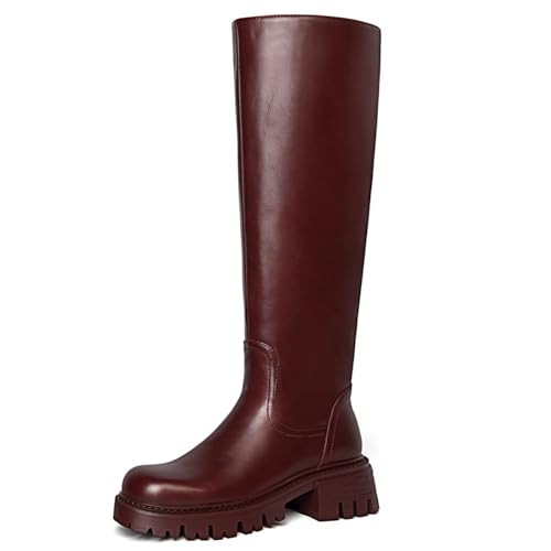 Bouwno Burgundy Platform Knee High Boots Women Comfortable Round Toe Leather Chunky Heel Tall Boots with Side Zip Dress Casual Long Riding Fall Boots | Amazon (US)