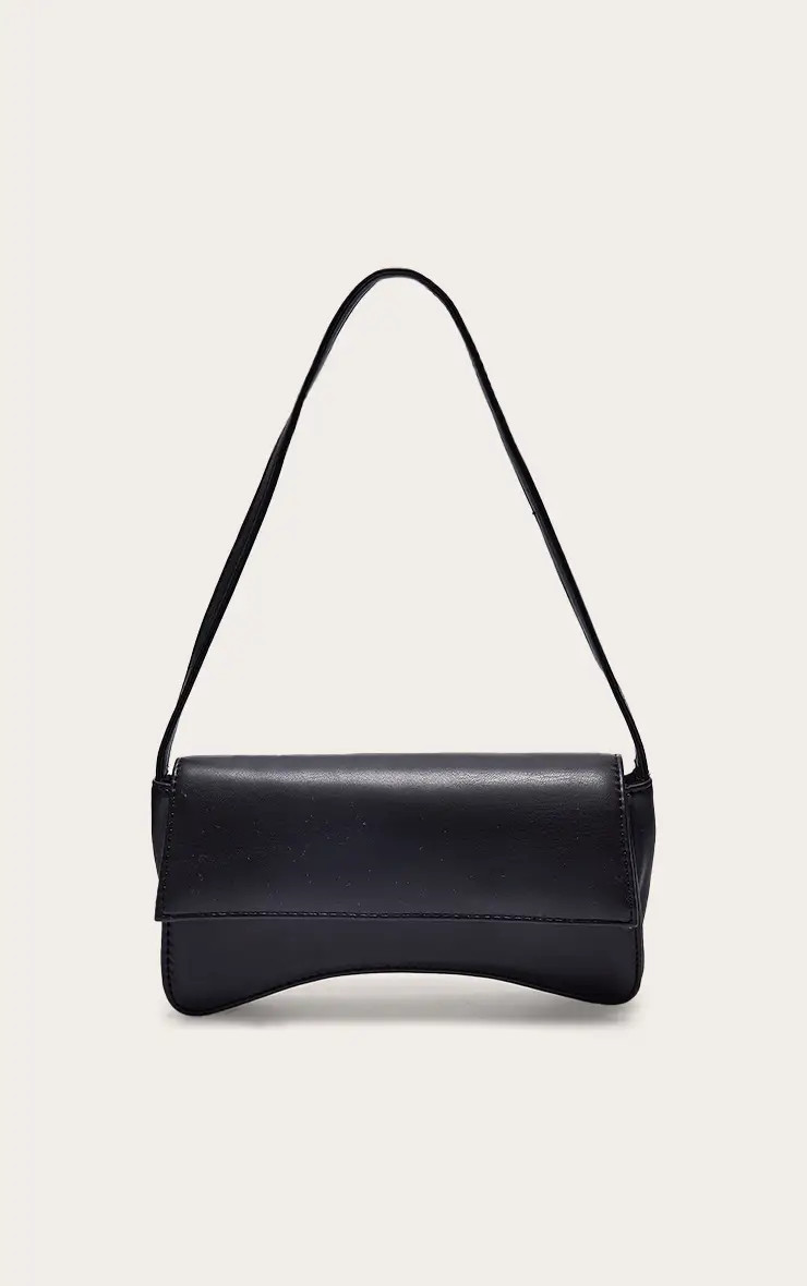 Black PU Flap Over Baguette Shoulder Bag | PrettyLittleThing UK