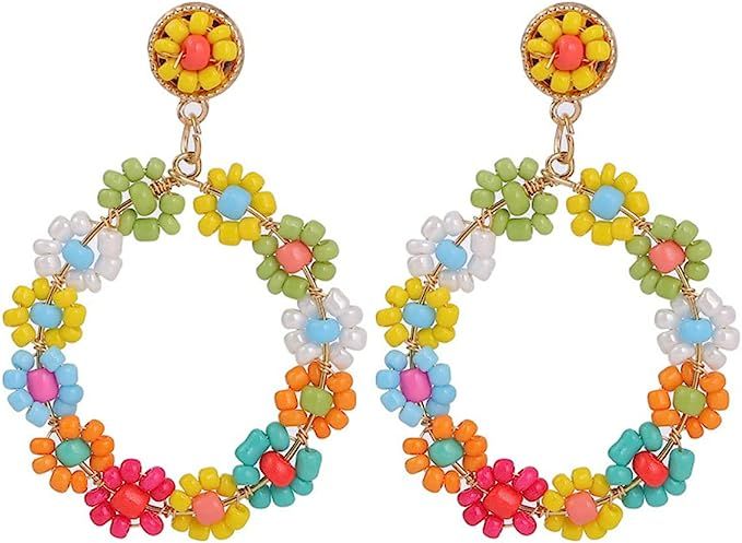 Resin Beaded Earrings for Women Girls Colours Rice Beads Hoop Earrings Circle Flowers Dangle Drop... | Amazon (US)
