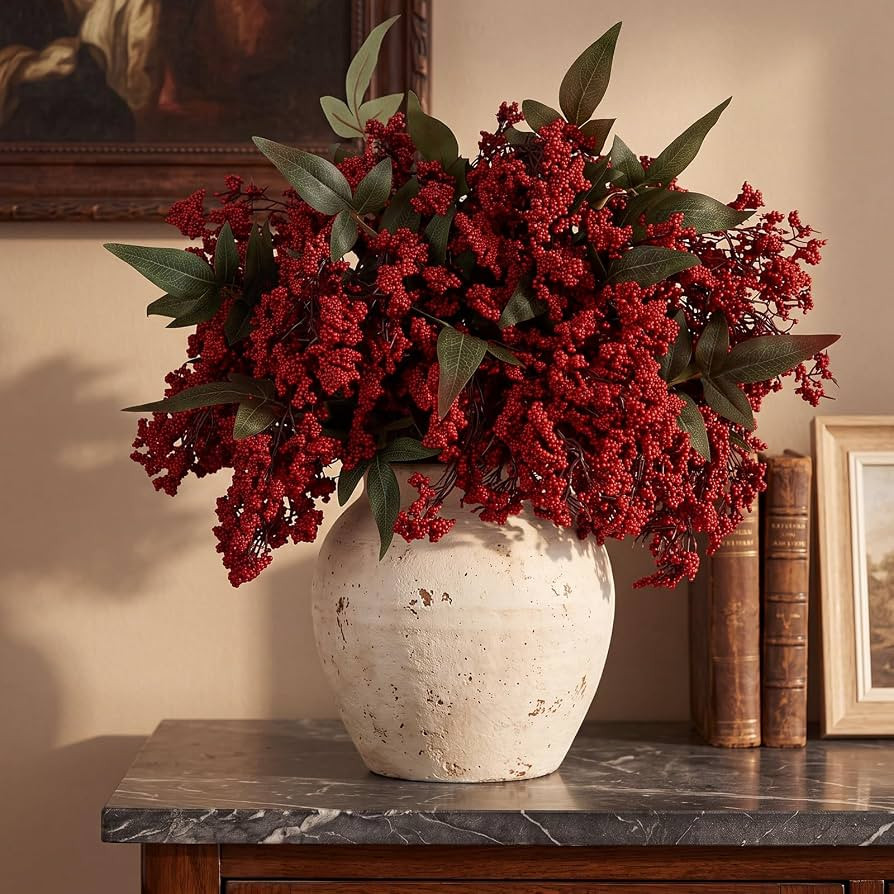 Zeyune 9 Pcs Faux Berry Stem for Vase Fall Branch Decor Fake Nandina, Red | Amazon (US)