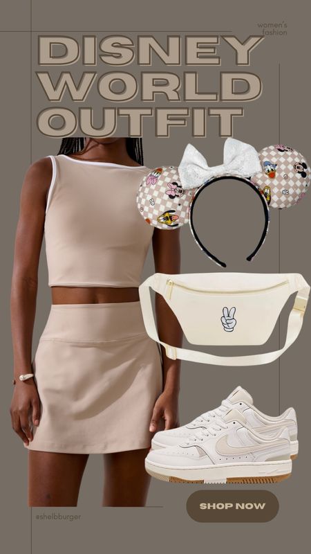 Neutral Disney World fashion 

Sand active set: active tank top and tennis skirt skort 
Neutral checkered Mickey and friends mouse ears
Mickey peace sign Fanny pack
Neutral Nike sneakers

#LTKTravel #LTKShoeCrush #LTKFindsUnder100