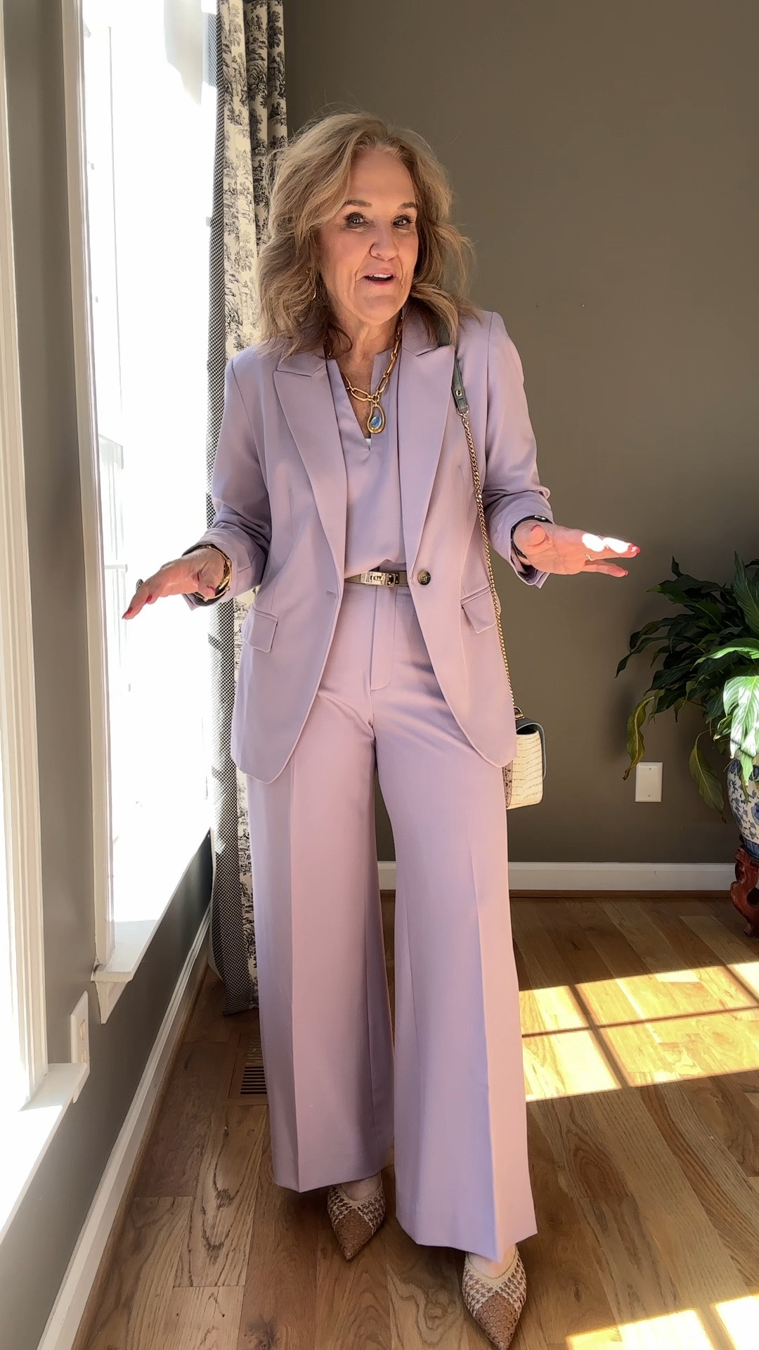 This suit is over 50% off!
Blazer size 10, petite 
Pants size 8 petite 
I am 5 foot three 
Shell size medium 
Notice my new shoes they’re a lovely spring summer neutral 

Bridal shower outfit, Easter outfit, baby shower, rehearsal dinner cocktail party engagement party graduation work conference, lavender suit, purple suit

#LTKPetite #LTKOver40 #LTKWatchNow
