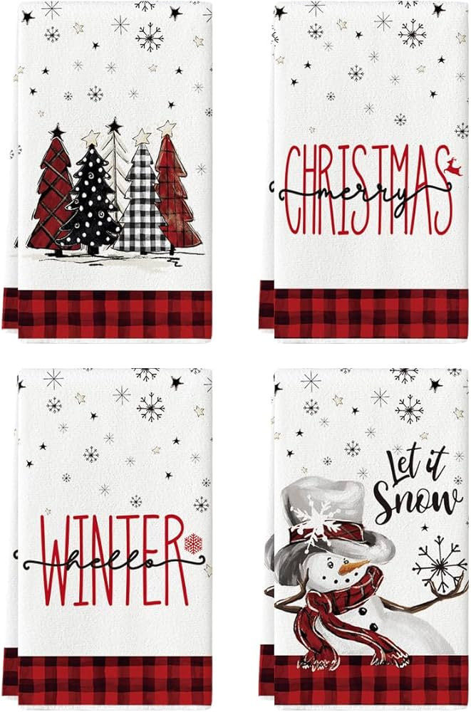 Artoid Mode Red Black Buffalo Plaid Snowman Xmas Trees Christmas Kitchen Towels Dish Towels, 18x2... | Amazon (US)