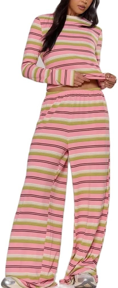 Adoeren Women Y2k Retro Striped 2 Piece Lounge Set long Sleeveless Crewneck Shirt Wide Leg Pants ... | Amazon (US)