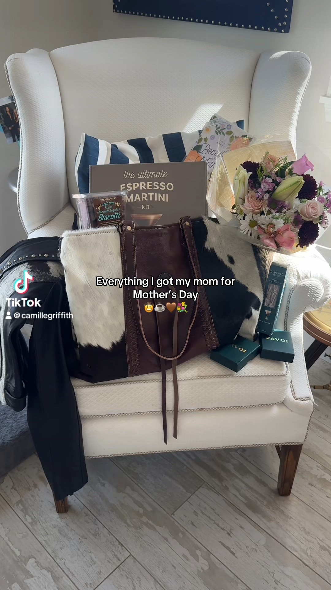 Mother’s Day gift guide 
Gifts for her 
Gifts for mom
Birthday gift ideas 

Myra bags Weekender bag 
Myra bags “Gretchen winde Leather jacket” (can’t link on LTK) 
Trendy chunky earrings from My favorite jewelry brand off Amazon  
Espresso martini kit from Amazon + chocolate espresso seasoned straws to go with 
Trader Joe’s Biscottis 
A card & fresh flowers (a monthly flower subscription is always a good idea) 

#LTKWatchNow #LTKItBag #LTKGiftGuide