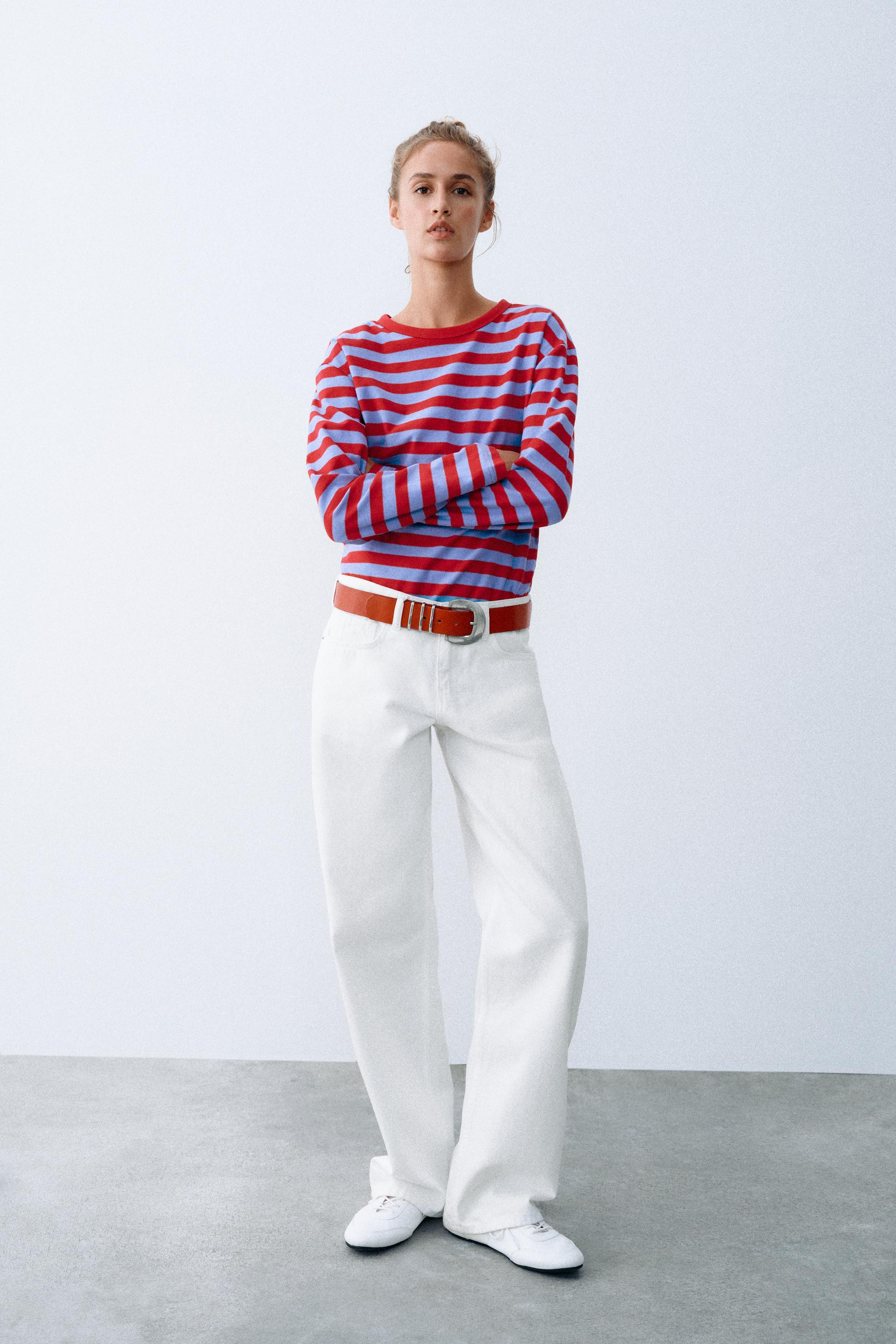 Zara - Striped Crew Neck T-Shirt - Red Stripe - L - Woman | Zara US