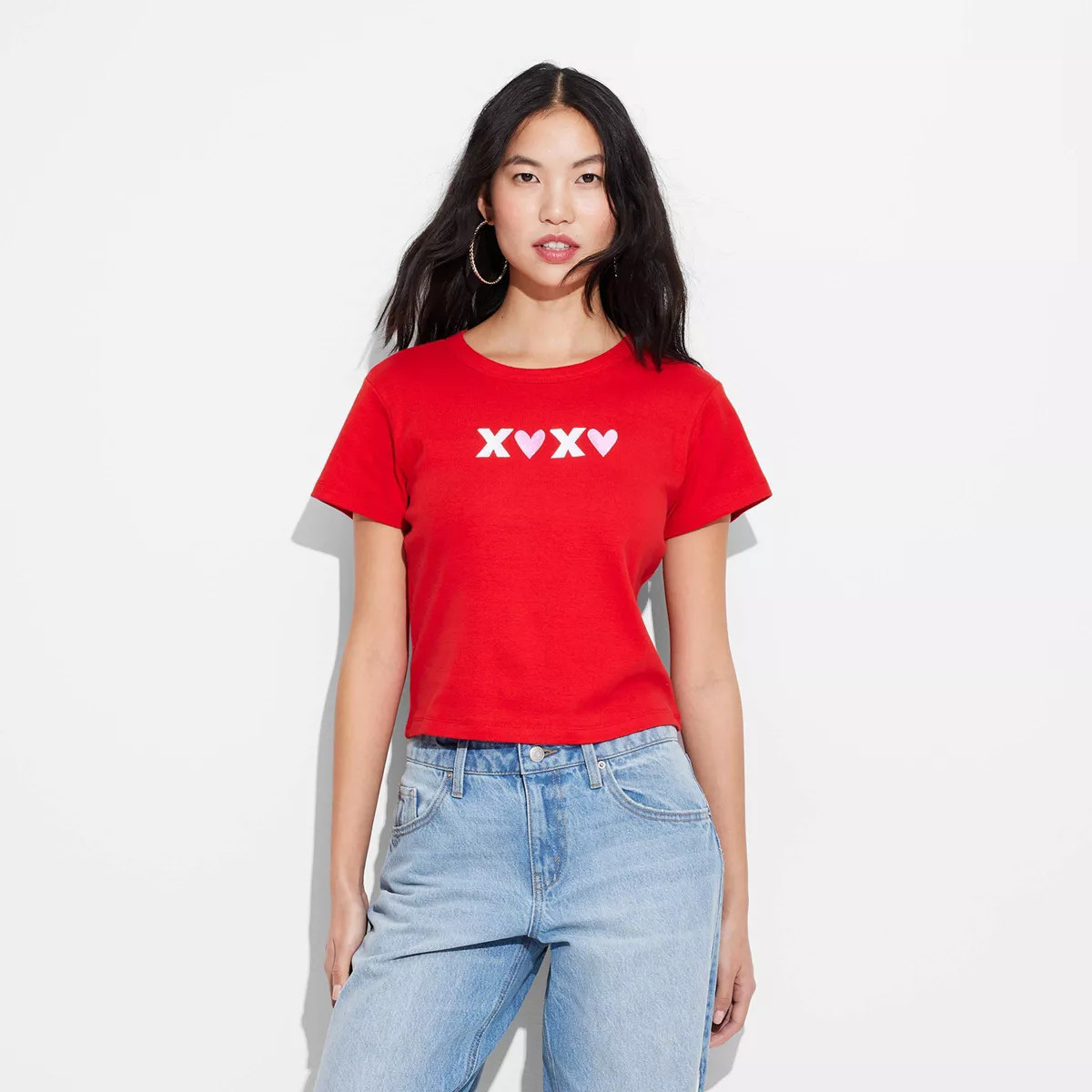 Women's XOXO Short Sleeve Graphic Baby T-Shirt - Red | Target