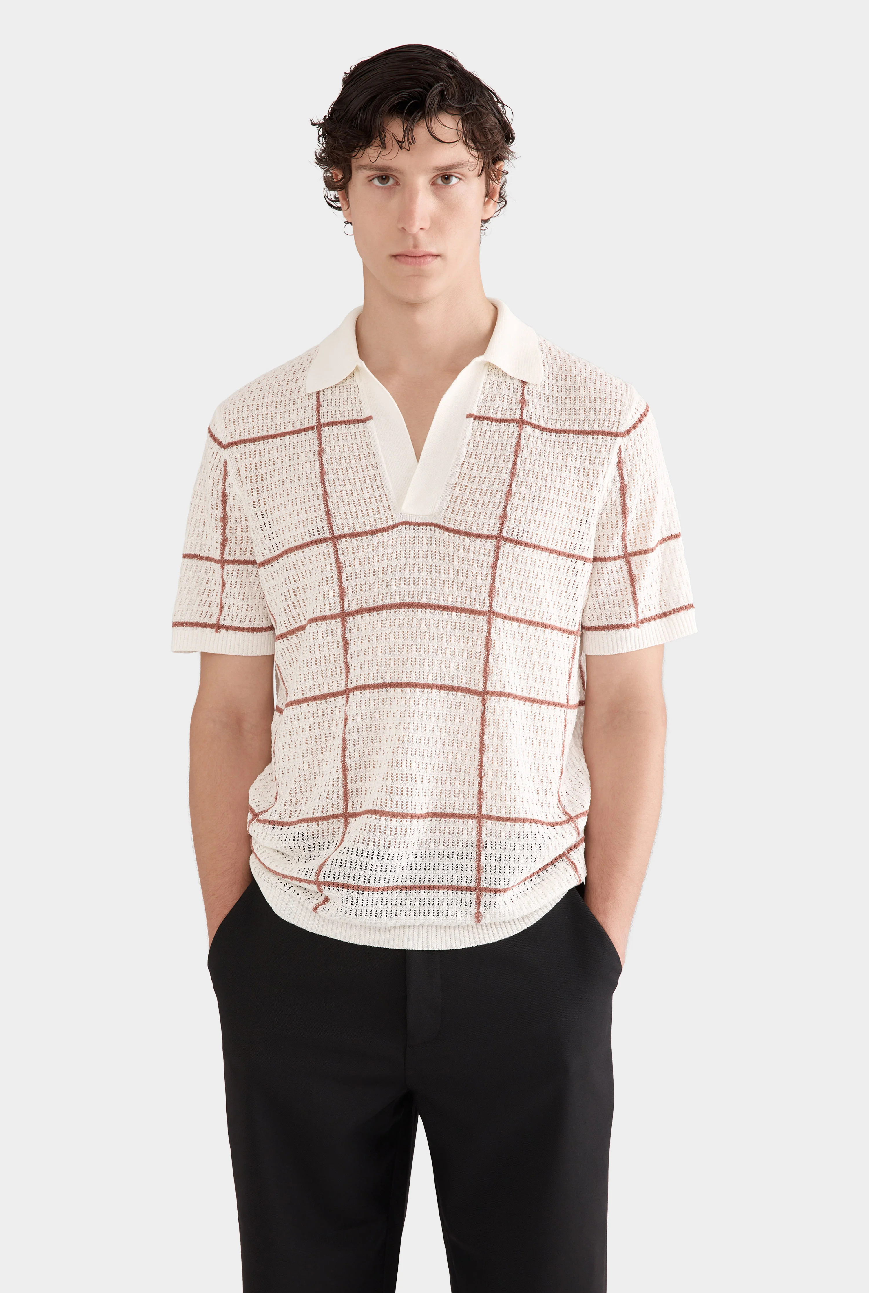 Mens Knitted Crochet Check Open Neck Polo Off White/Clay | Venroy | Venroy AU