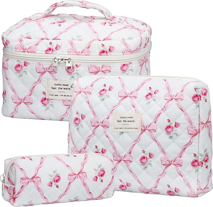 Quilted Makeup Bag Set - 3 PCS Cute Floral Cotton Makeup Bag, Large Coquette Aesthetic Make up Co... | Amazon (US)