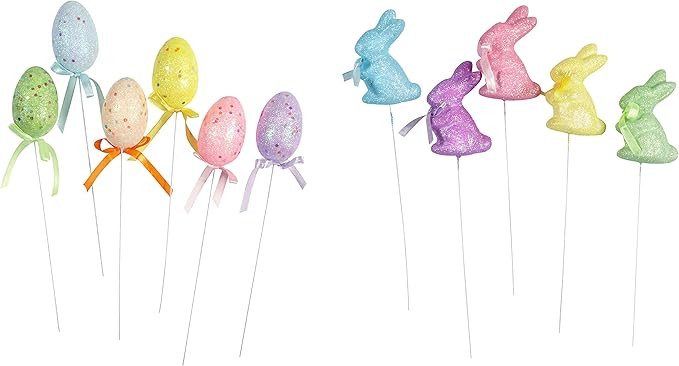 Decorated Foam Easter Egg and Bunny Shaped Easter Basket Flower Picks, Set of 11 (Multicolor Glit... | Amazon (US)
