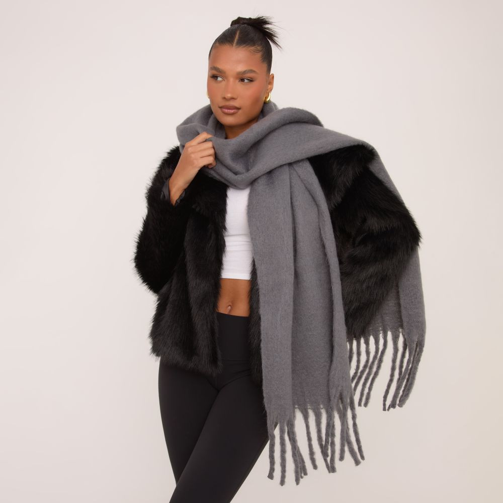 Oversized Fringe Hem Scarf In Grey | EGO (UK)