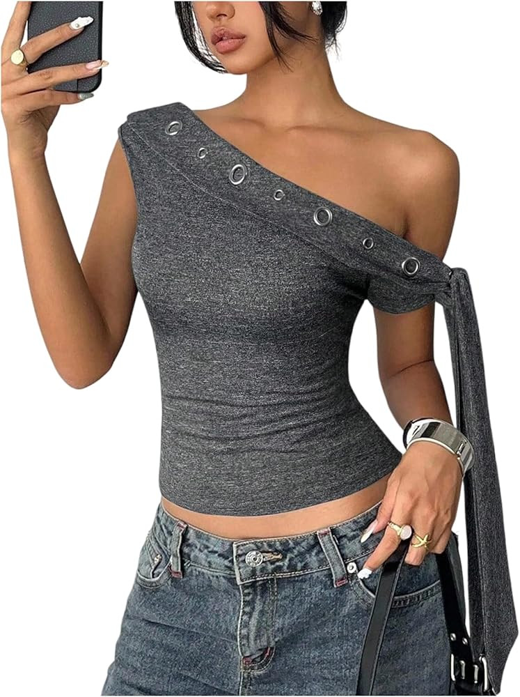 SweatyRocks Women's Y2K One Off The Shoulder Tops Tie Knot Going Out Tops | Amazon (US)