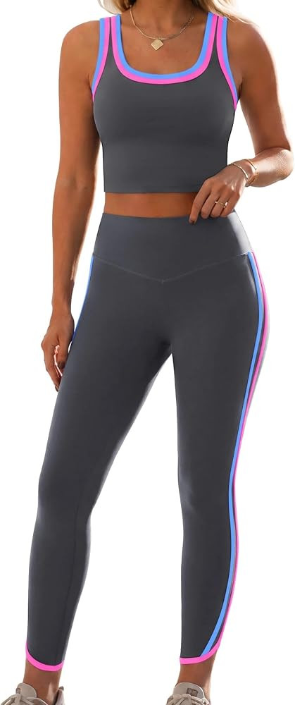 popvil Womens Workout Sets Tank Top High Waist Legging Yoga Pilates Outfits | Amazon (US)