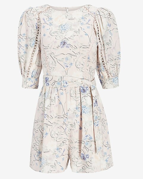 Floral Puff Shoulder Tie Waist Romper | Express