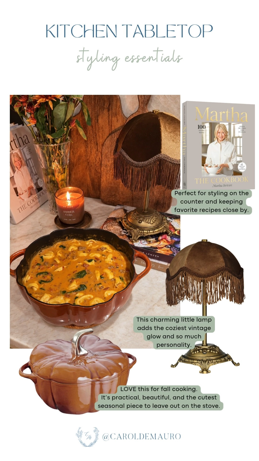 A fringed vintage lamp, pumpkin cocotte, and cozy cookbook stack make the kitchen counter feel so warm this season.

kitchen tabletop decor, fall kitchen styling, pumpkin dutch oven, cozy kitchen accents, kitchen counter styling, autumn home decor

#LTKfoodie #LTKHome