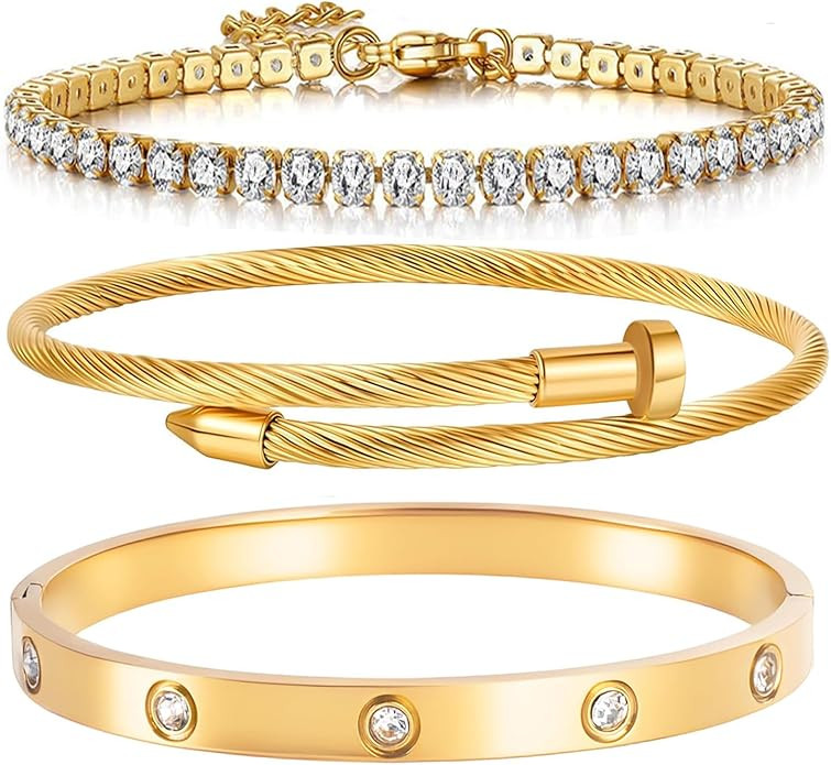 Ntutrxk Gold Bracelets for Women-4Pcs/3Pcs,18K Gold Plated Bangle Tennis Bracelets Stack Set for ... | Amazon (US)