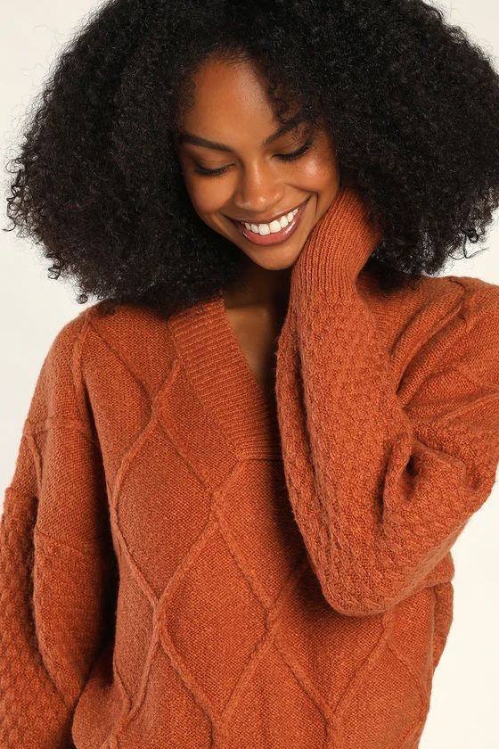 Fireside Vibe Rust Orange Diamond Knit Sweater | Lulus (US)
