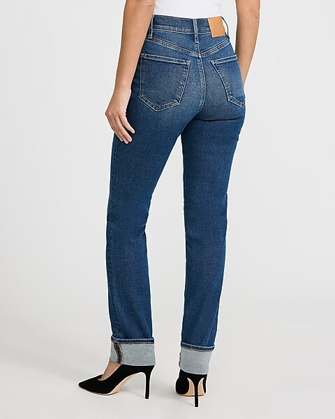 High Waisted Dark Wash Cuffed Hem '90s Slim Jeans | Express