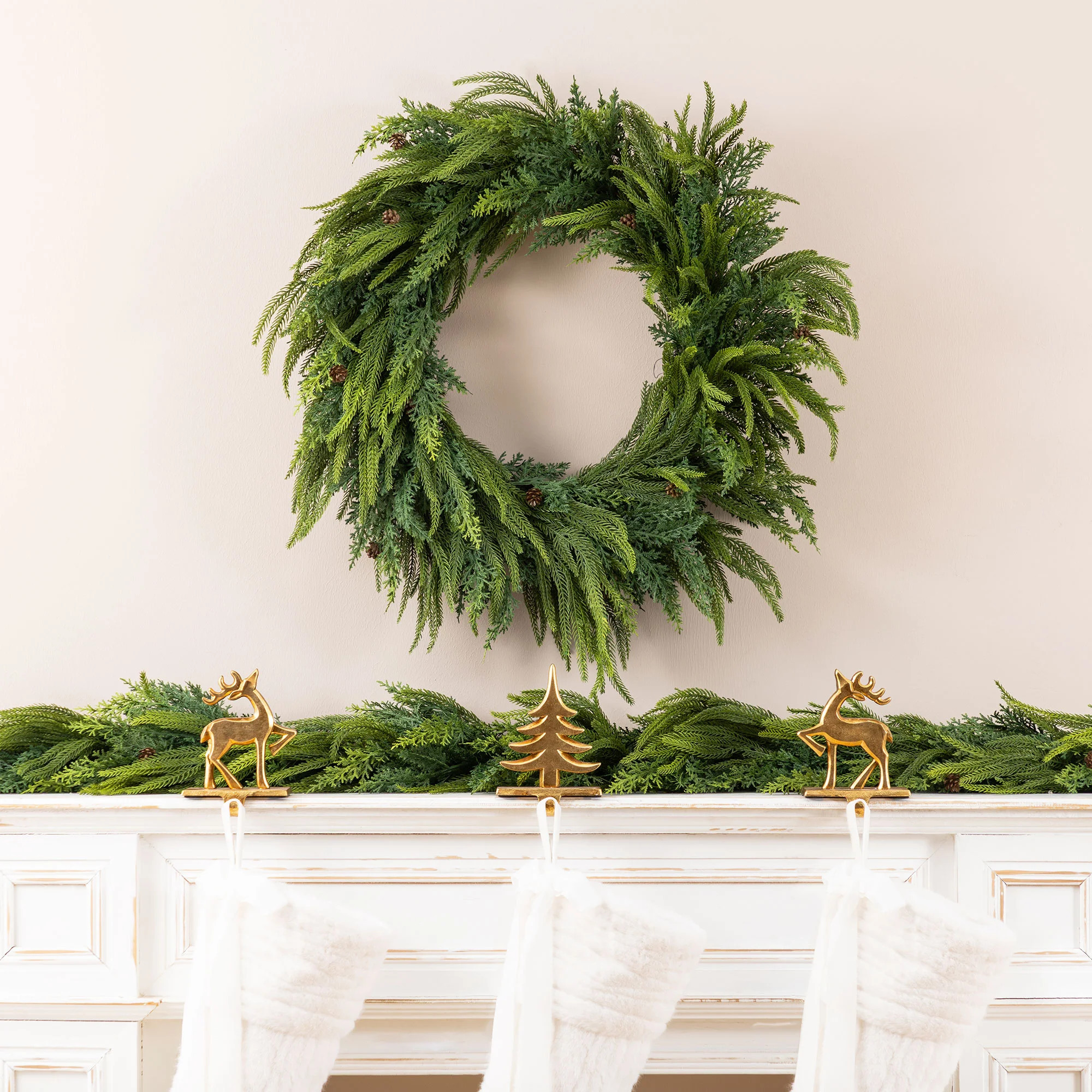 25" Mixed Greenery PE Dripping Christmas Wreath – with Pinecones | Wayfair North America