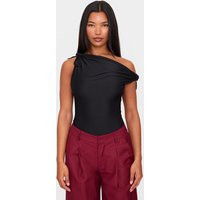 Black Slinky Tie Shoulder Asymmetric Bodysuit | PrettyLittleThing US