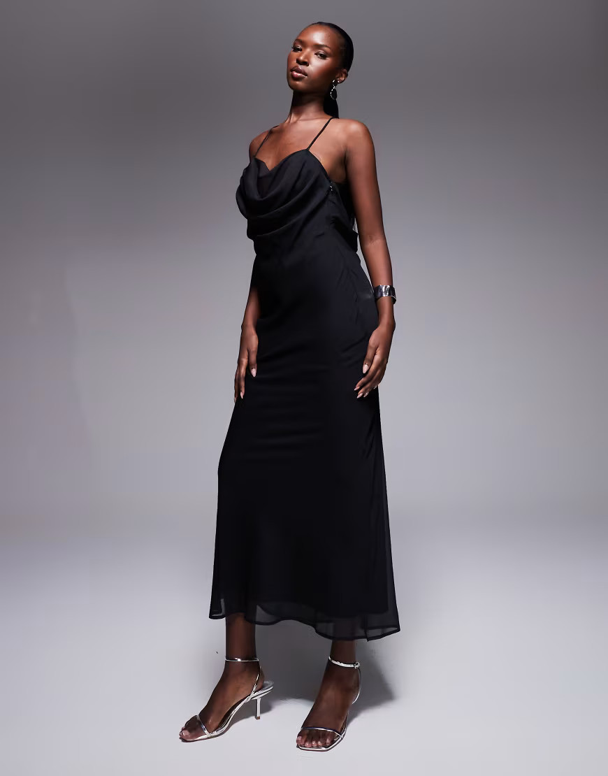 ASOS DESIGN strappy cami cowl neck panelled bias midi dress in black | ASOS (Global)