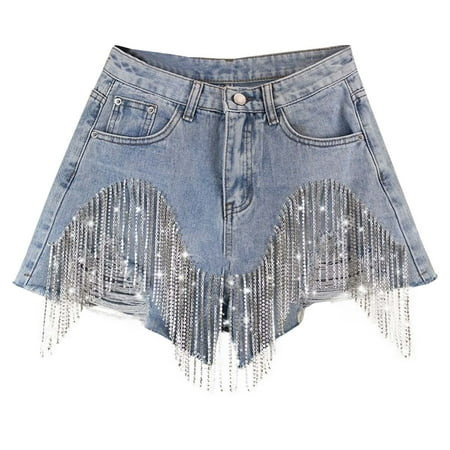 JIKNTTR Denim Shorts For Women Stylish Jean Shorts Fashion Casual High Waist Diamond Tassel Chain A-Line Wide Leg Hot Pants Trendy Shorts Stretch High Waisted Trendy Denim Shorts | Walmart (US)