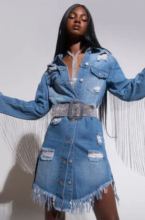 DOLLYS SIS RHINESTONE LONG DENIM JACKET | AKIRA