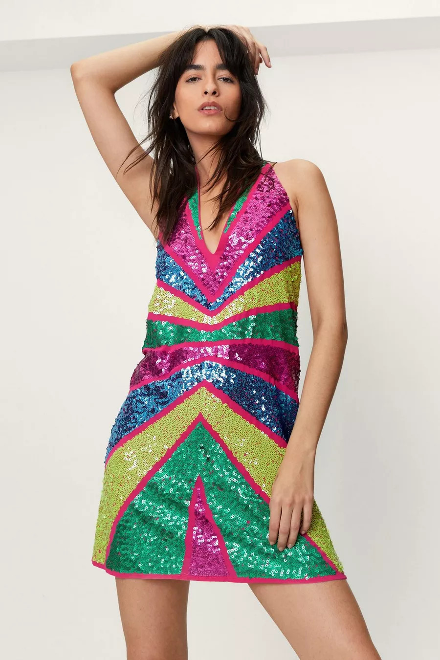 Sequin Colorblock Plunge Mini Dress | Nasty Gal (US)