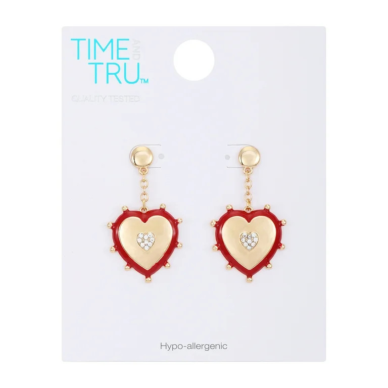 Time and Tru Women's Gold Tone Red Edge Heart Drop Earring and Crystal Stone Heart Center - Walma... | Walmart (US)