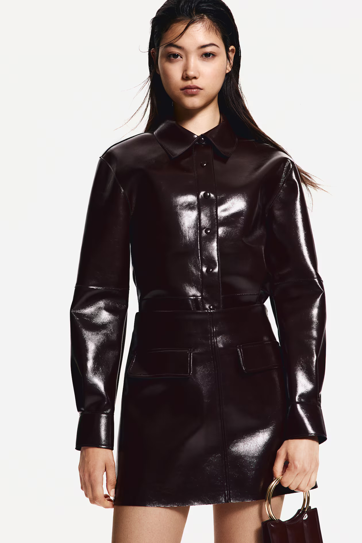 Coated shirt - Long sleeve - Regular length - Burgundy - Ladies | H&M GB | H&M (UK, MY, IN, SG, PH, TW, HK)