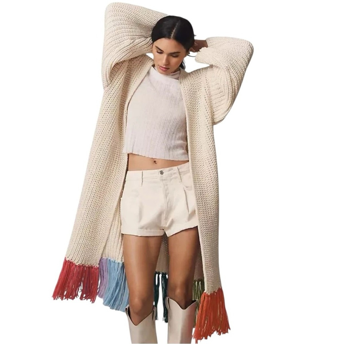 Anthropologie Colorful Fringe Long Open Cardigan Chunky Knit One Size NWT | eBay US