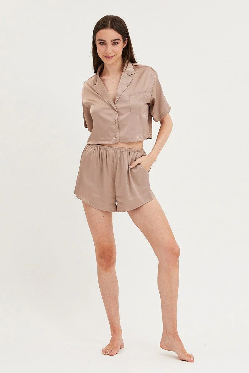 Women’s Brown Satin Pajamas Set Short Sleeve Crop | Ally Fashion | Ally Fashion (US, Australia & New Zealand)