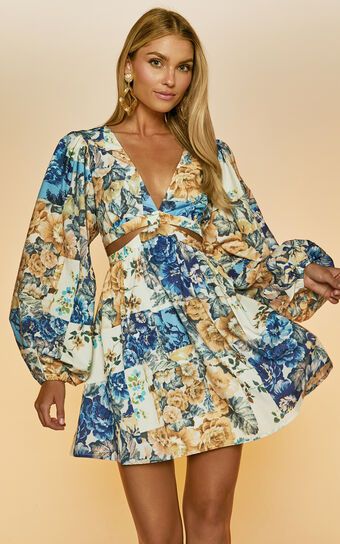 Emily Mini Dress - V Neck Long Sleeve Cut Out Dress in Patchwork Floral | Showpo (US, UK & Europe)